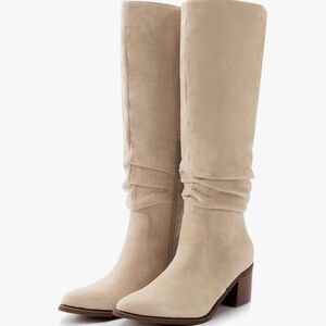 Apricot Knee High Chunky Heel Boots Faux Suede Boots : 7.5